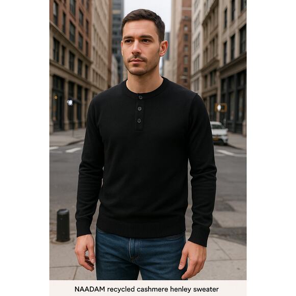 NAADAM Recycled Cashmere Henley Sweater – Black (Men’s M) - Picture 1 of 6
